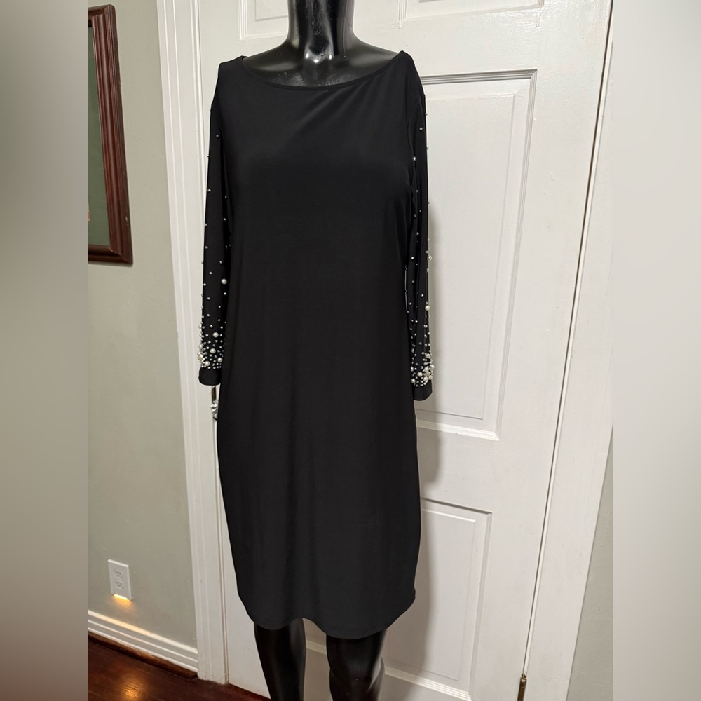 NEW Beaded Nicole Miller Pearl Dress Womens Size Medium Long Sleeve Stretchy